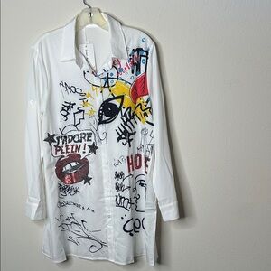 White Graphic Button-Down Shirt with Multicolor Street Art Accents